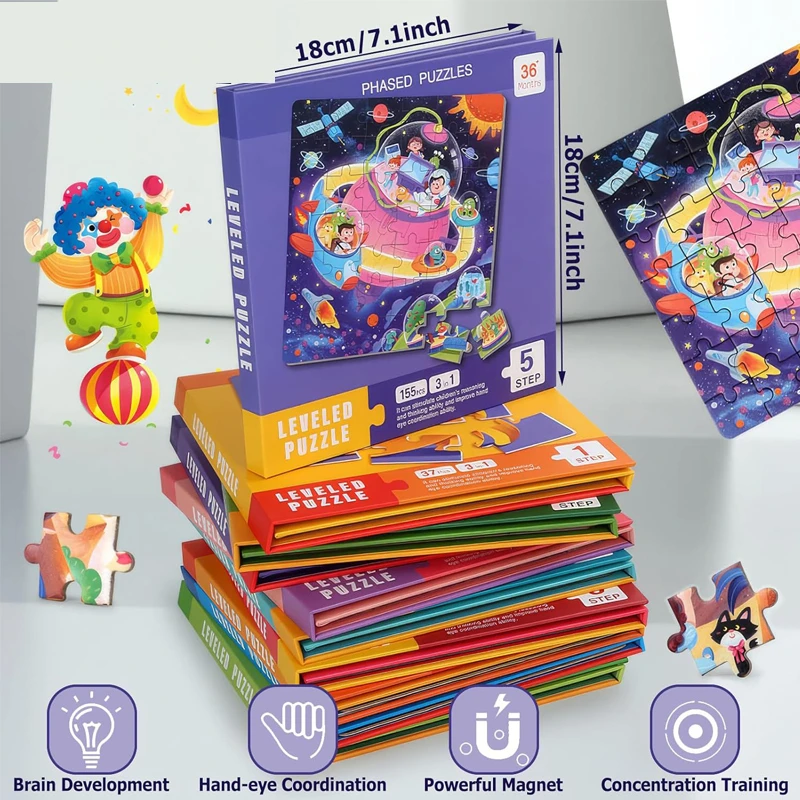 LEVELED PUZZLE - 3 In 1 Phased Magnetic Puzzle , Space & Hot air balloon Puzzles 155 Pcs - STEM Learning - Suitable for Ages 6 Years & Up (Step 5 A)